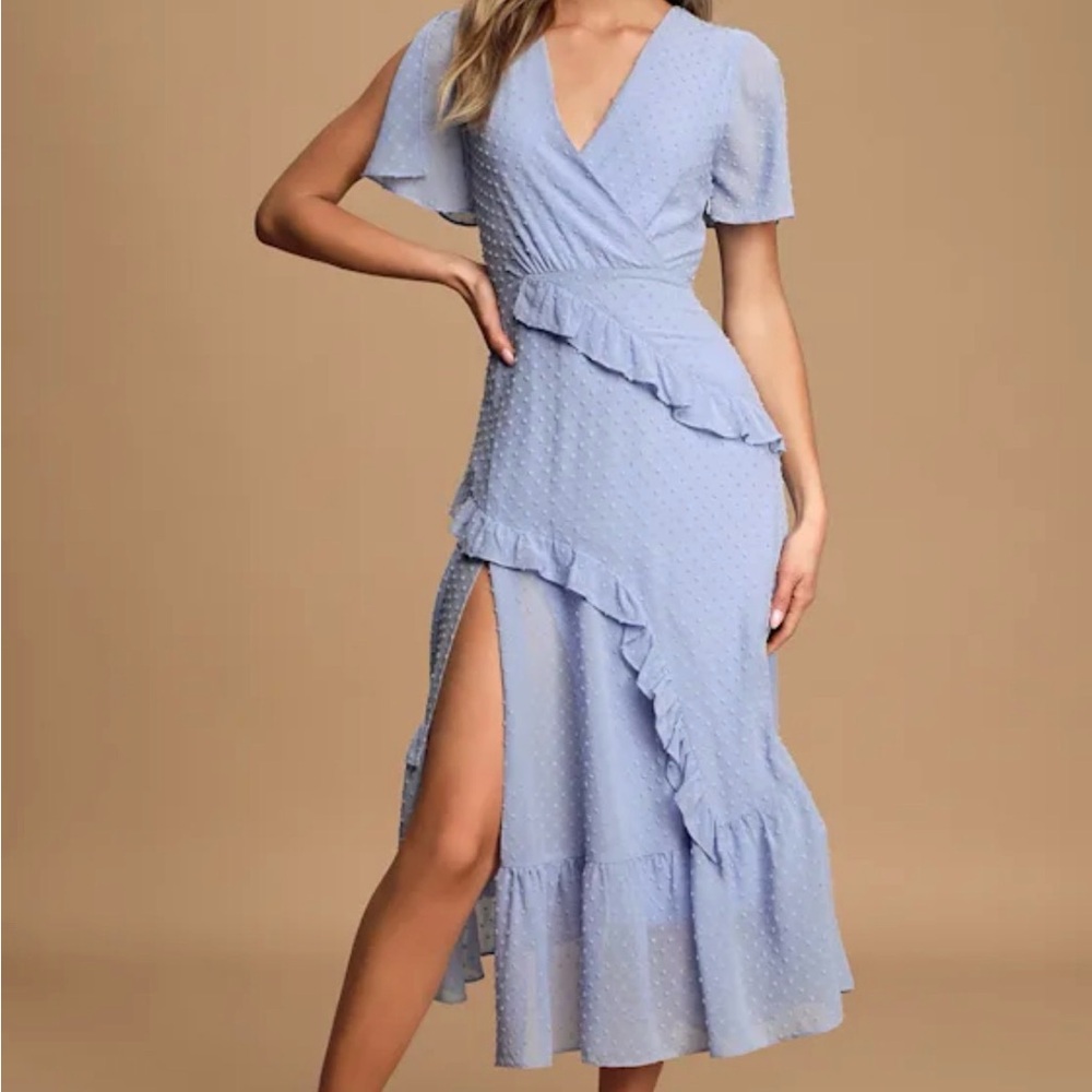 Lulus Next To You Periwinkle Blue Swiss Dot Ruffled Midi Dress